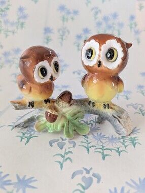 Vintage Owls on Branch Figurine 50s Japan Ceramic MCM Cottagecore Whimsy Trinket